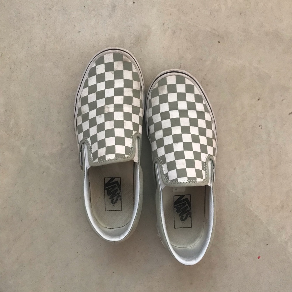 sage green checkered vans slip on
